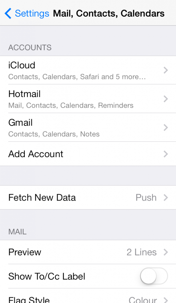 iPhone Mail, Contacts, Calendars Menu
