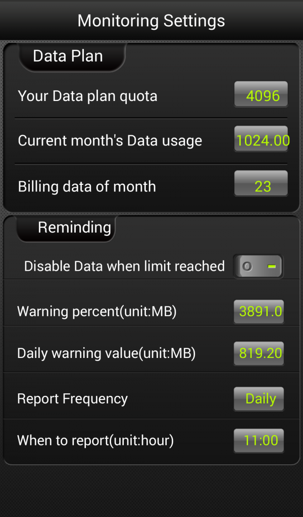 Data Usage Defender Monitoring Settings