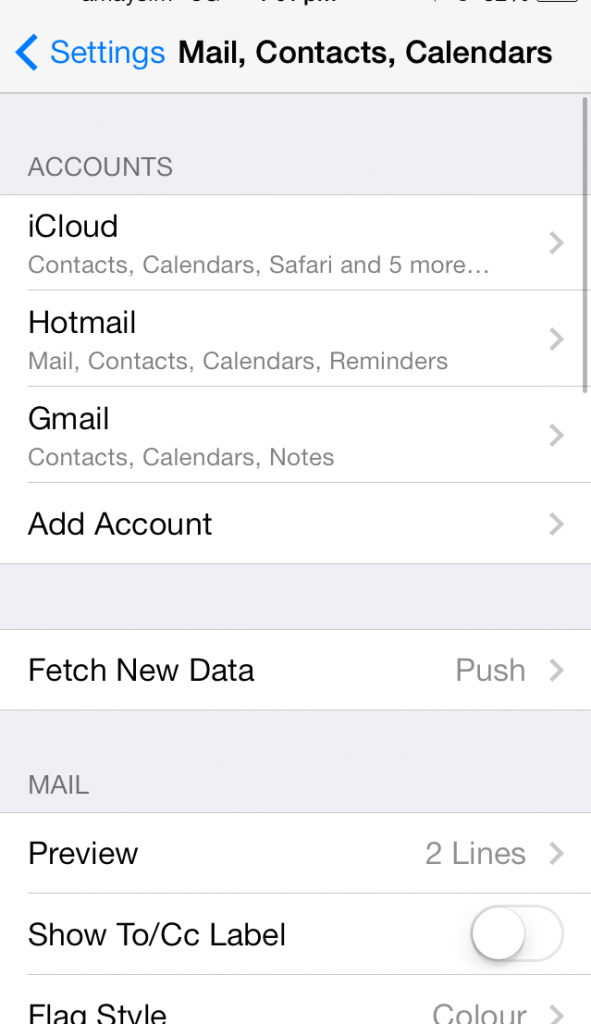 Mail, Contacts, Calendars - fetch new data screenshot iOS7 iPhone