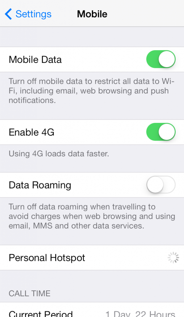 iOS7 iPhone Mobile Data in Settings Screenshot