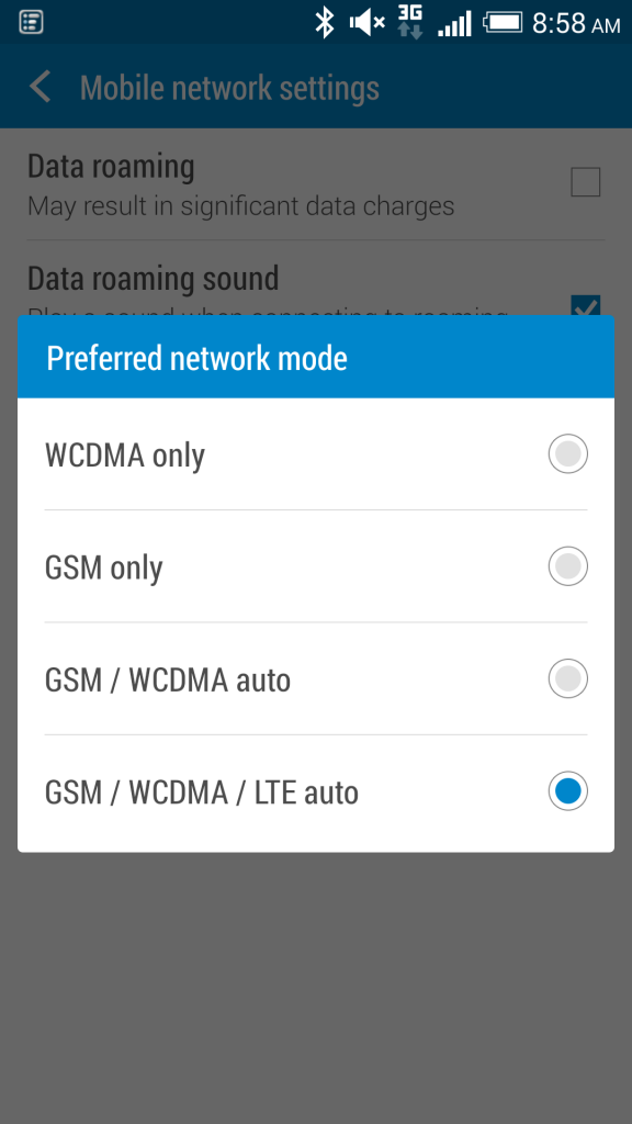 Not connecting to roaming network - check network mode